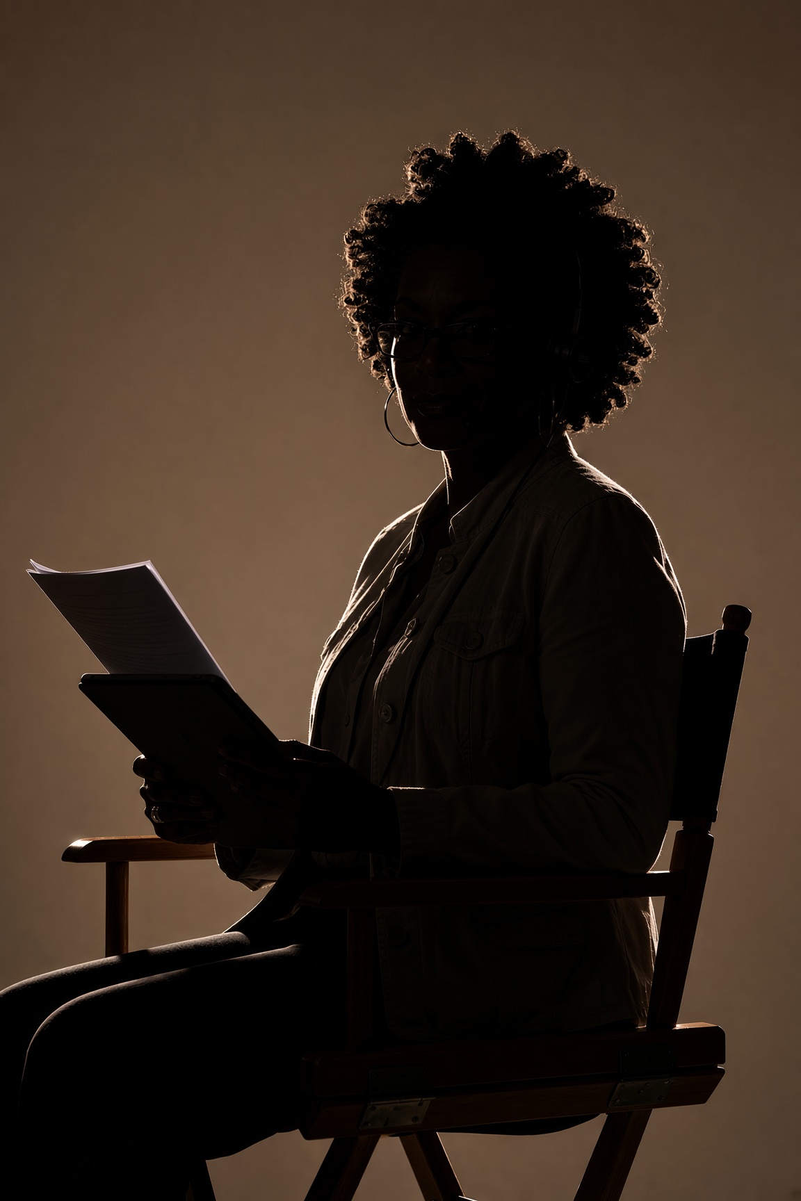 A seated silhouette studying a script, outlined by warm light.